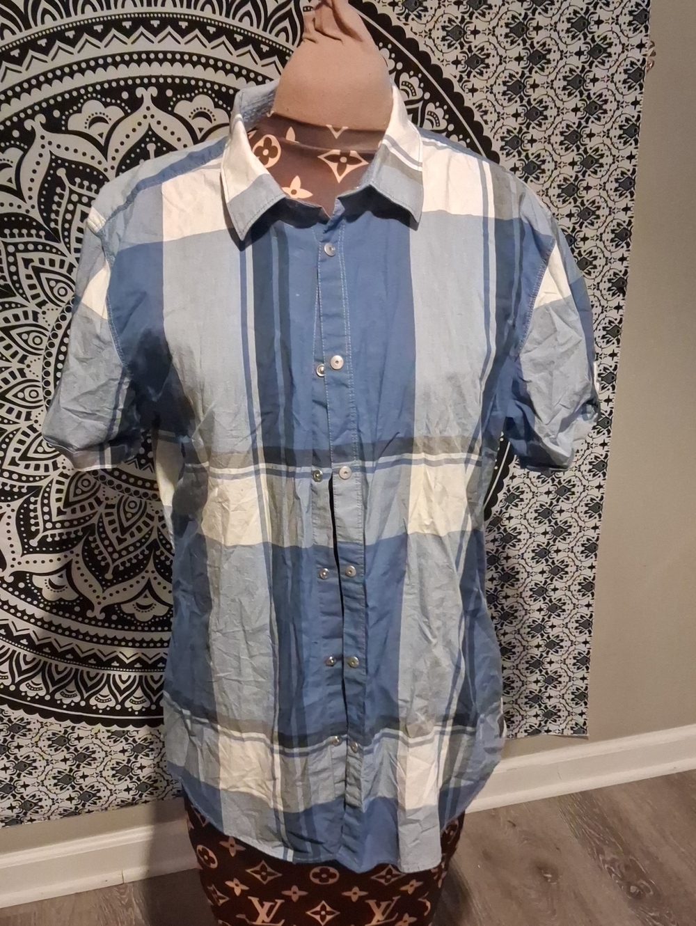 Calvin Klein Jeans Blue and White Plaid Short-Sleeve Button-Down Shirt